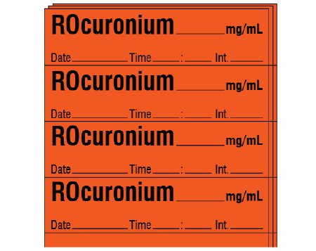 Picture of Drug Label Shamrock Anesthesia Label Rocuronium_mg/mL Date_Time_Int_ Fluorescent Red 1/2 X 1 InchSA-2214-DTI-PK