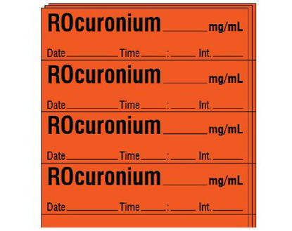Picture of Drug Label Shamrock Anesthesia Label Rocuronium_mg/mL Date_Time_Int_ Fluorescent Red 1/2 X 1 InchSA-2214-DTI-PK
