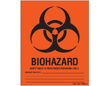 Picture of Pre-Printed Label Shamrock Warning Label Red BIOHAZARD / ADMITTANCE TO AUTHORIZED PERSONNEL ONLY / HAZARD IDENTITY _____ … Black Biohazard 8 X 10 InchSBH-3