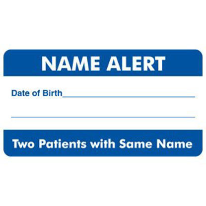 Picture of Pre-Printed Label Advisory Label Blue / White Name Alert / Date of Birth _______/ Two Patients With The Same Name Black Alert Label 1-3/4 X 3-1/4 InchMAP5150