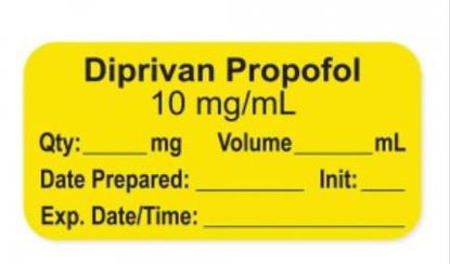 Picture of Drug Label PDC® Anesthesia Label Diprivan Propfol 10 mg/mL Yellow 3/4 X 1-1/2 InchLAN-2-155