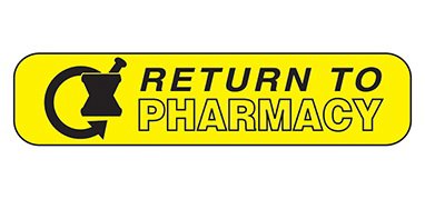 Picture of Pre-Printed Label Indeed Auxiliary Label Yellow Paper Return To Pharmacy Black Safety and Instructional 3/8 X 1-5/8 Inch2051
