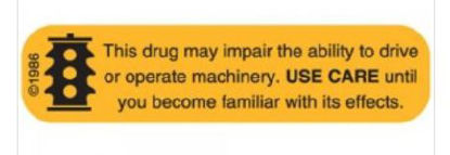 Picture of Pre-Printed Label Pharmex® Communication Fill In Gold Paper This drug may impair the ability to drive or operate machinery. USE CARE until you become familiar with its effects. Black Safety and Instructional 3/8 X 1-9/16 Inch16-W