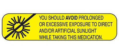 Picture of Pre-Printed Label Indeed Auxiliary Label Yellow Paper You Should Avoid Prolonged Or Excessive Exposure To Direct And/Or Artificial Sunlight While Taking This Medication Black Safety and Instructional 3/8 X 1-5/8 Inch2011