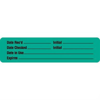 Picture of Pre-Printed / Write On Label Communication Fill In Green Paper Date Rec'd _________ Initial ________ / Date Checked ________ Initial ________ / Date in use ____________ / Expires _________ Black Quality Control Label 0.87 X 3-1/2 Inch8033