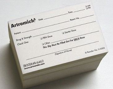 Picture of Pre-Printed Label Artromick® Communication Fill In White Paper Artromick Date_Time_Name_Drug Strength Black Safety and Instructional11-2005-1