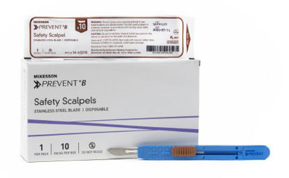 Picture of Safety Scalpel McKesson Prevent® B No. 10 Stainless Steel / Plastic Sensory Grip Handle Sterile Disposable16-63210