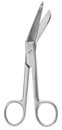 Picture of Bandage Scissors McKesson Argent™ Lister 5-1/2 Inch Length Surgical Grade Stainless Steel NonSterile Finger Ring Handle Angled Blunt Tip / Blunt Tip43-1-231