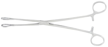 Picture of Sponge Forceps McKesson Argent™ Foerster 9-1/2 Inch Length Surgical Grade Stainless Steel NonSterile Ratchet Lock Finger Ring Handle Straight Serrated Tips43-1-577