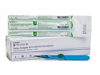 Picture of Safety Scalpel McKesson Prevent® B No. 11 Stainless Steel / Plastic Classic Grip Handle Sterile Disposable16-37211