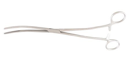 Picture of Dressing Forceps McKesson Bozeman 10-1/2 Inch Length Office Grade Stainless Steel NonSterile Ratchet Lock Finger Ring Handle Double Curved Serrated Tips43-2-374