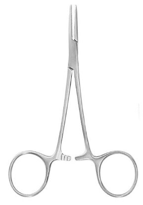 Picture of Hemostatic Forceps McKesson Argent™ Hartmann-Mosquito 3-1/2 Inch Length Surgical Grade Stainless Steel NonSterile Ratchet Lock Finger Ring Handle Curved43-1-421