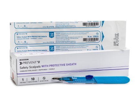 Picture of Safety Scalpel McKesson Prevent® B No. 15 Stainless Steel / Plastic Classic Grip Handle Sterile Disposable16-37215