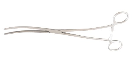 Picture of Dressing Forceps McKesson Argent™ Bozeman 10-1/2 Inch Length Surgical Grade Stainless Steel NonSterile Ratchet Lock Finger Ring Handle Double Curved Serrated Tips43-1-374