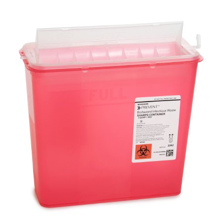Picture of Sharps Container McKesson Prevent® 10-3/4 H X 10-1/2 W X 4-3/4 D Inch 1.25 Gallon Translucent Red Base / Translucent Lid Horizontal Entry Counter Balanced Door Lid2262