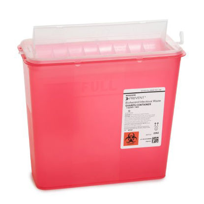 Picture of Sharps Container McKesson Prevent® 10-3/4 H X 10-1/2 W X 4-3/4 D Inch 1.25 Gallon Translucent Red Base / Translucent Lid Horizontal Entry Counter Balanced Door Lid2262