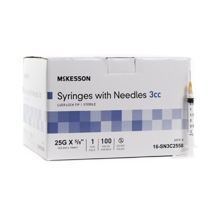 Picture of Syringe with Hypodermic Needle McKesson 3 mL 25 Gauge 5/8 Inch Detachable Needle Without Safety16-SN3C2558