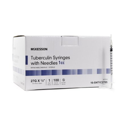 Picture of Syringe with Hypodermic Needle McKesson 1 mL 27 Gauge 1/2 Inch Detachable Needle Without Safety16-SNT1C2705
