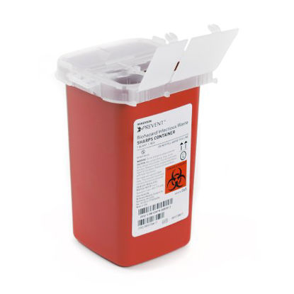 Picture of Sharps Container McKesson Prevent® 6-1/4 H X 4-1/4 W X 4-1/4 D Inch 1 Quart Red Base / Translucent Lid Vertical Entry 3 Hinged Snap On Lid065
