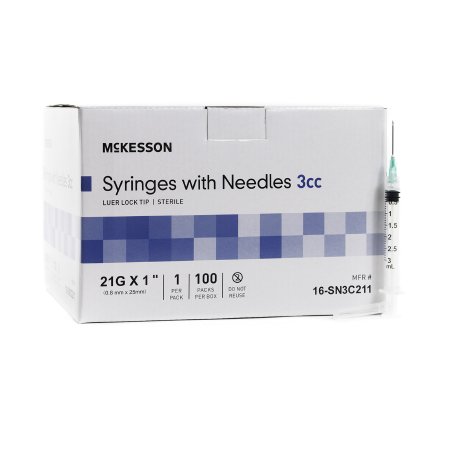 Picture of Syringe with Hypodermic Needle McKesson 3 mL 21 Gauge 1 Inch Detachable Needle Without Safety16-SN3C211