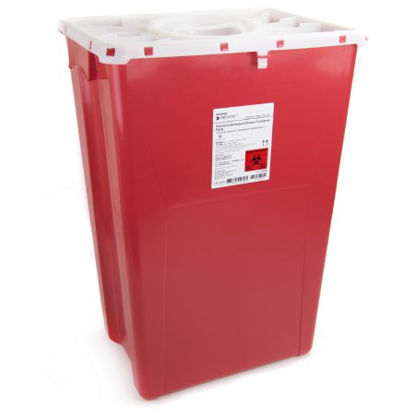 Picture of Sharps Container McKesson Prevent® 24-3/5 H X 17-3/10 W X 13 L Inch 18 Gallon Red Base / White Lid Vertical Entry Rotating Lid2268