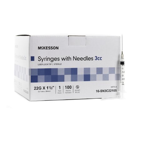 Picture of Syringe with Hypodermic Needle McKesson 3 mL 22 Gauge 1-1/2 Inch Detachable Needle Without Safety16-SN3C22105