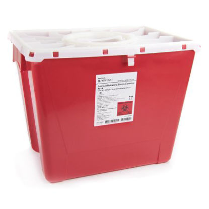 Picture of Sharps Container McKesson Prevent® 13-1/2 H X 17-3/10 W X 13 L Inch 8 Gallon Red Base / White Lid Vertical Entry Rotating Lid2266