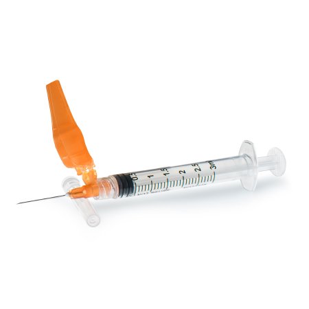 Picture of Syringe with Hypodermic Needle McKesson Prevent® HT 3 mL 25 Gauge 1 Inch Detachable Needle Hinged Safety Needle16-SN3C251S
