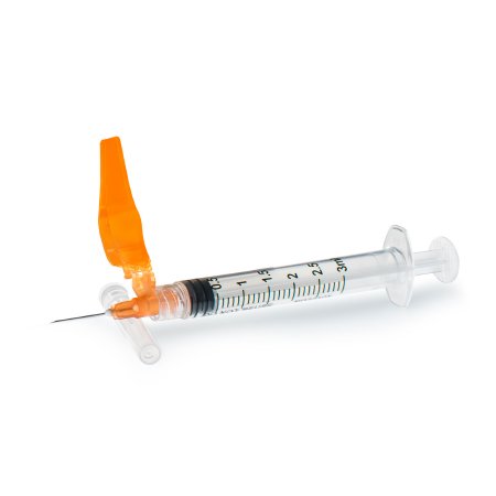 Picture of Syringe with Hypodermic Needle McKesson Prevent® HT 3 mL 25 Gauge 5/8 Inch Detachable Needle Hinged Safety Needle16-SN3C2558S