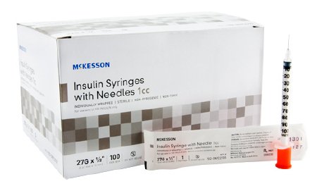 Picture of Insulin Syringe with Needle McKesson 1 mL 27 Gauge 1/2 Inch Attached Needle Without Safety102-SN1C2705