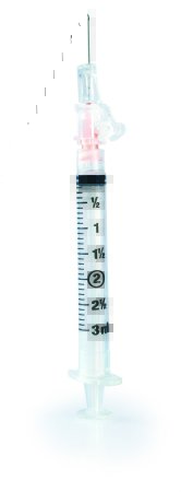 Picture of Syringe with Hypodermic Needle McKesson Prevent® SG 3 mL 25 Gauge 5/8 Inch Detachable Needle Sliding Safety Needle306612