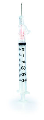 Picture of Syringe with Hypodermic Needle McKesson Prevent® SG 3 mL 25 Gauge 5/8 Inch Detachable Needle Sliding Safety Needle306612