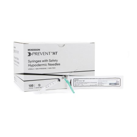 Picture of Syringe with Hypodermic Needle McKesson Prevent® HT 3 mL 22 Gauge 1-1/2 Inch Detachable Needle Hinged Safety Needle102-SN3C22105S