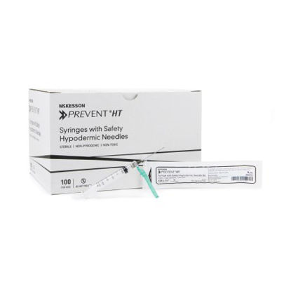 Picture of Syringe with Hypodermic Needle McKesson Prevent® HT 3 mL 22 Gauge 1-1/2 Inch Detachable Needle Hinged Safety Needle102-SN3C22105S
