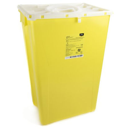 Picture of Chemotherapy Waste Container McKesson Prevent® 24-3/5 H X 17-3/10 W X 13 L Inch 18 Gallon Yellow Base / White Lid Vertical Entry Rotating Lid2260