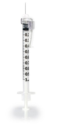Picture of Tuberculin Syringe with Needle McKesson Prevent® SG 1 mL 27 Gauge 1/2 Inch Attached Needle Sliding Safety Needle / Safety Cap306620