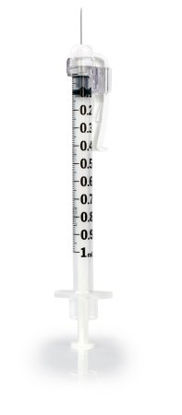 Picture of Tuberculin Syringe with Needle McKesson Prevent® SG 1 mL 27 Gauge 1/2 Inch Attached Needle Sliding Safety Needle / Safety Cap306620