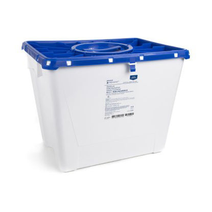Picture of Pharmaceutical Waste Container McKesson Prevent® 13-1/2 H X 17-3/10 W X 13 L Inch 8 Gallon White Base / Blue Lid Vertical Entry Rotating Lid2256