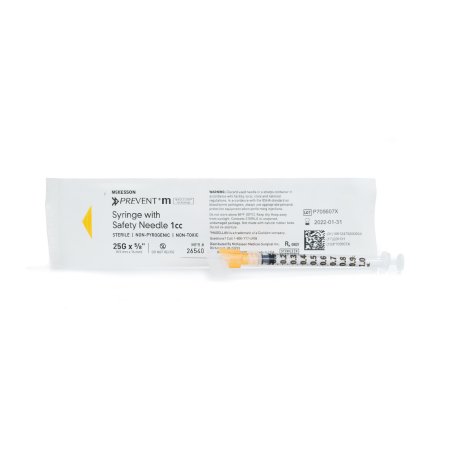 Picture of Syringe with Hypodermic Needle McKesson Prevent® M 1 mL 25 Gauge 5/8 Inch Detachable Needle Sliding Safety Needle26540