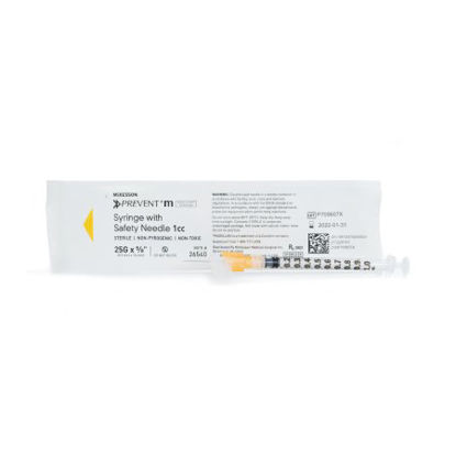 Picture of Syringe with Hypodermic Needle McKesson Prevent® M 1 mL 25 Gauge 5/8 Inch Detachable Needle Sliding Safety Needle26540