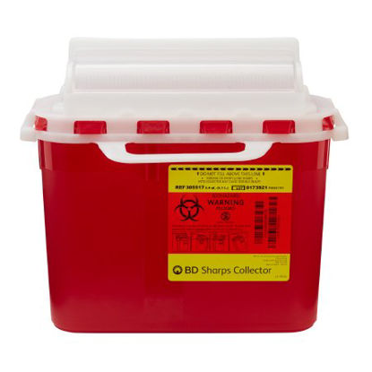 Picture of Sharps Container BD™ 12 H X 12 W X 4-4/5 D Inch 5.4 Quart Red Base / White Lid Horizontal Entry Counter Balanced Door Lid305517