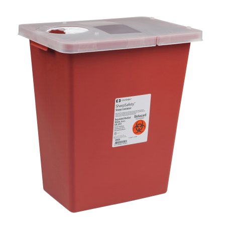 Picture of Sharps Container SharpSafety™ 17-1/2 H X 15-1/2 W X 11 D Inch 8 Gallon Red Base / White Lid Vertical Entry Hinged Lid8980-
