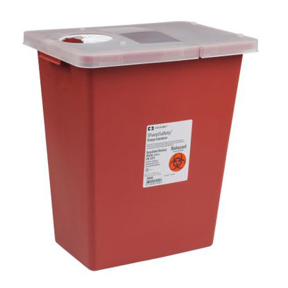 Picture of Sharps Container SharpSafety™ 17-1/2 H X 15-1/2 W X 11 D Inch 8 Gallon Red Base / White Lid Vertical Entry Hinged Lid8980-