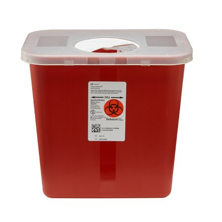 Picture of Sharps Container SharpSafety™ 10 H X 10-1/2 W X 7-1/4 D Inch 2 Gallon Red Base / White Lid Vertical Entry Rotating Lid8970