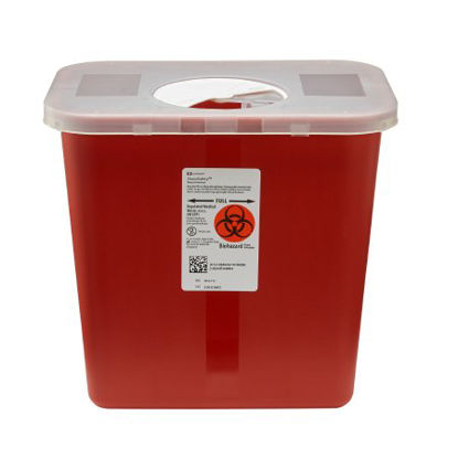 Picture of Sharps Container SharpSafety™ 10 H X 10-1/2 W X 7-1/4 D Inch 2 Gallon Red Base / White Lid Vertical Entry Rotating Lid8970