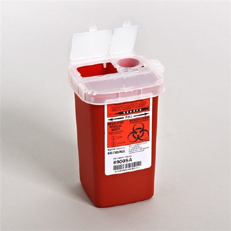 Picture of Sharps Container SharpSafety™ 6-1/4 H X 4-1/2 W X 4-1/4 D Inch 1 Quart Red Base / Translucent Lid Vertical Entry 2 Hinged Snap On Lid8900SA