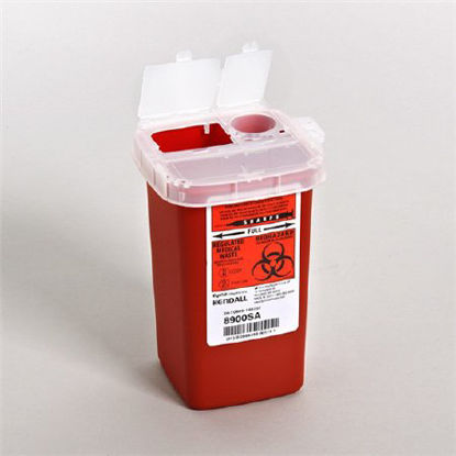 Picture of Sharps Container SharpSafety™ 6-1/4 H X 4-1/2 W X 4-1/4 D Inch 1 Quart Red Base / Translucent Lid Vertical Entry 2 Hinged Snap On Lid8900SA