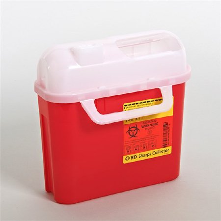 Picture of Sharps Container BD™ Gardian 11-7/10 H X 16-3/5 W X 4-1/2 D Inch 5.4 Quart Red Base / White Lid Horizontal Entry Counter Balanced Cylinder Lid305443