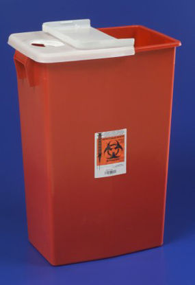 Picture of Sharps Container SharpSafety™ 26 H X 18-1/4 W X 12-3/4 D Inch 18 Gallon Red Base / White Lid Horizontal Entry Hinged Lid8991