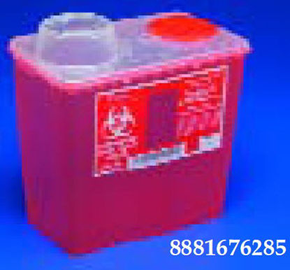 Picture of Sharps Container Monoject™ 10-9/10 H X 10-1/2 W X 6-3/4 D Inch 2 Gallon Red Base / Translucent Lid Vertical Entry Chimney Top Lid8881676285